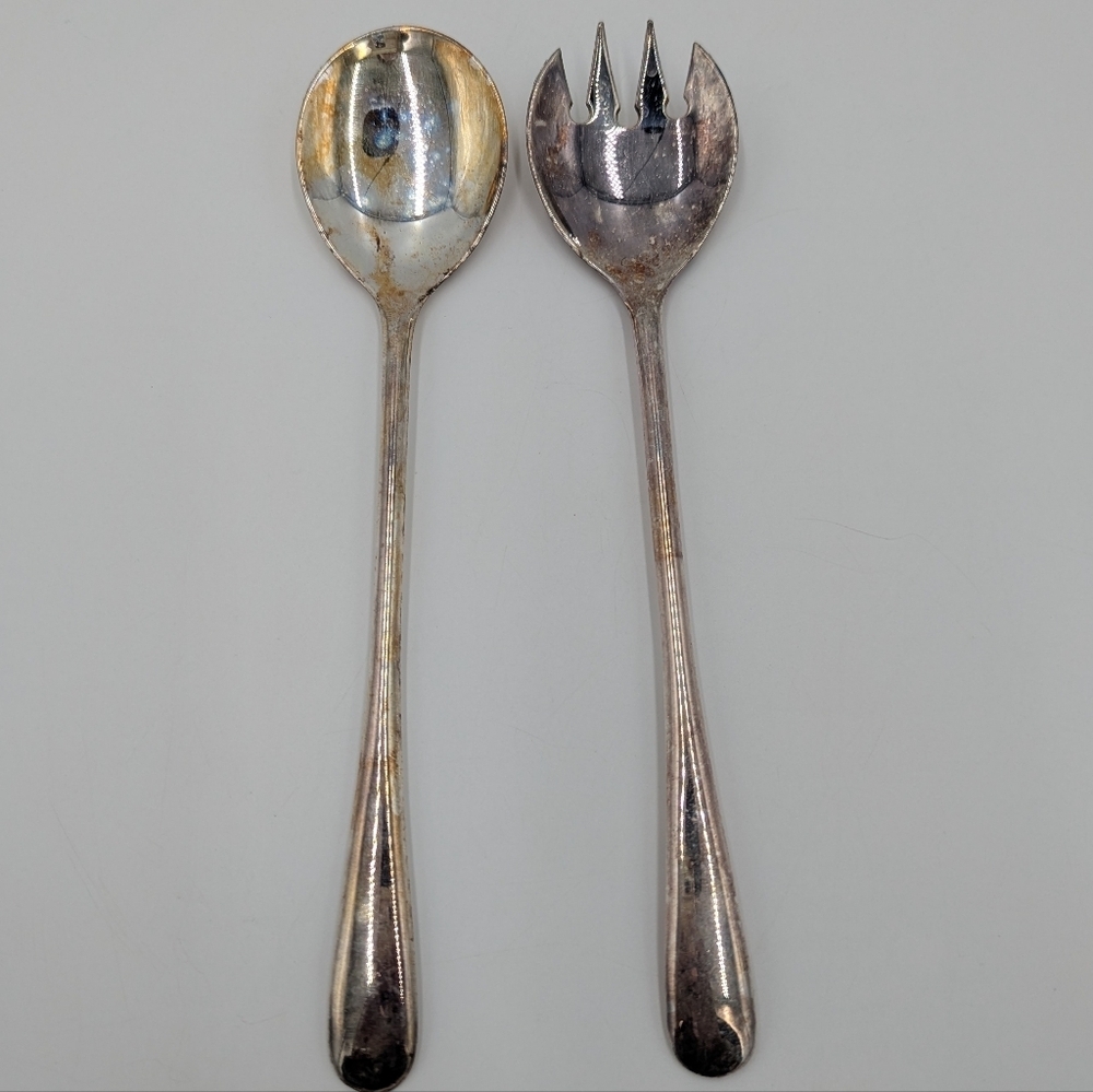Vintage Made In Italy Silver Plated Spoon & Fork Salad Serving Set Collectible